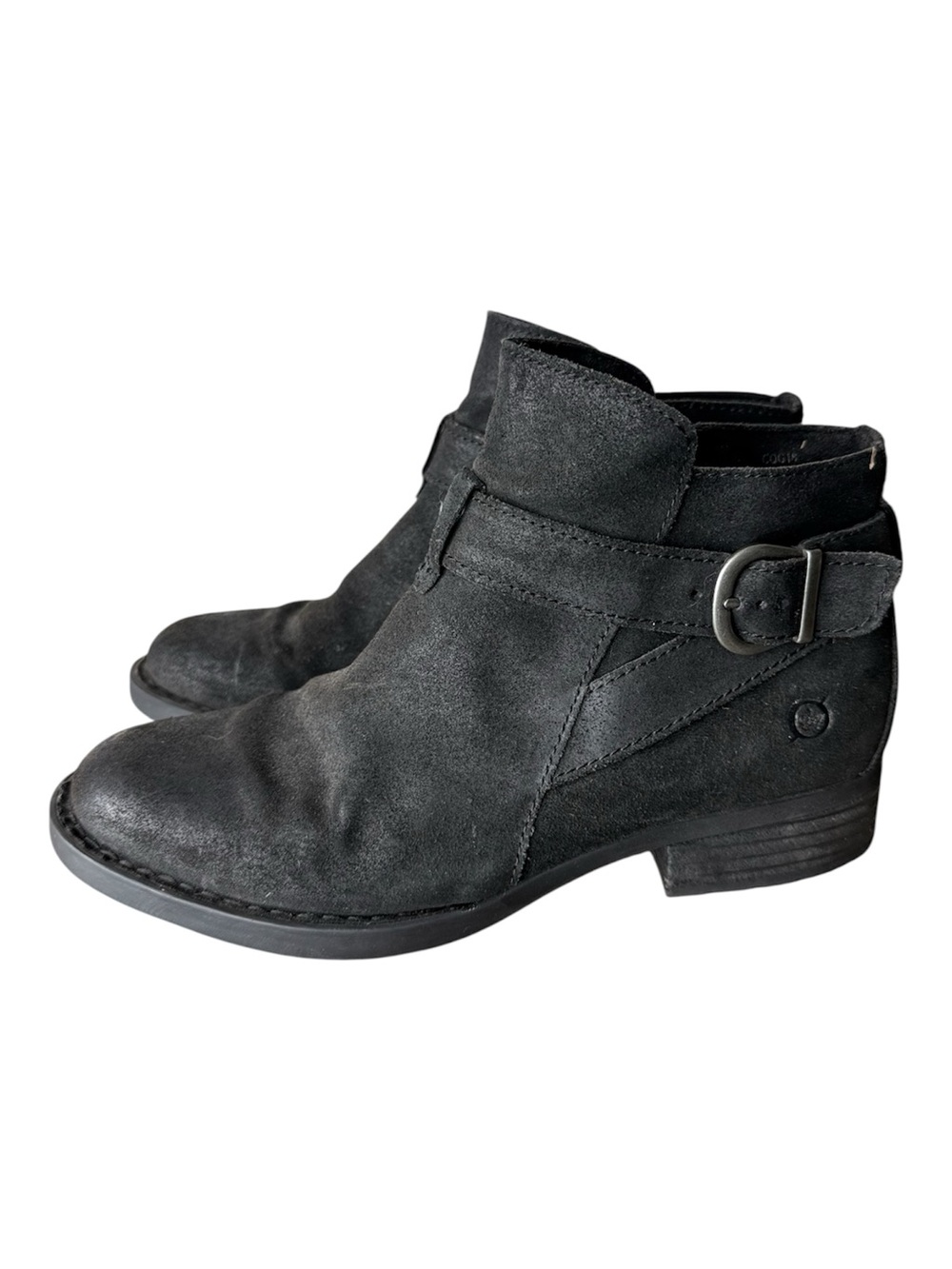 BORN Black Leather Jorgette Ankle Boots Booties Buckle Zipper Distressed Sz 7.5